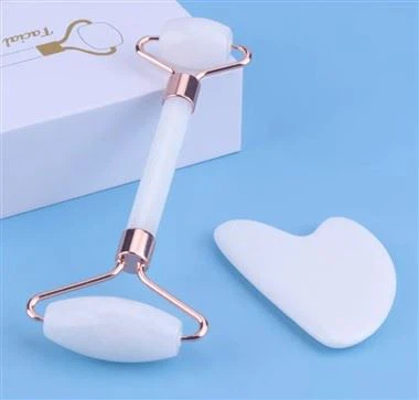 Rholer jâd gwyn cwarts rhosyn naturiol a set offer Gua Sha
