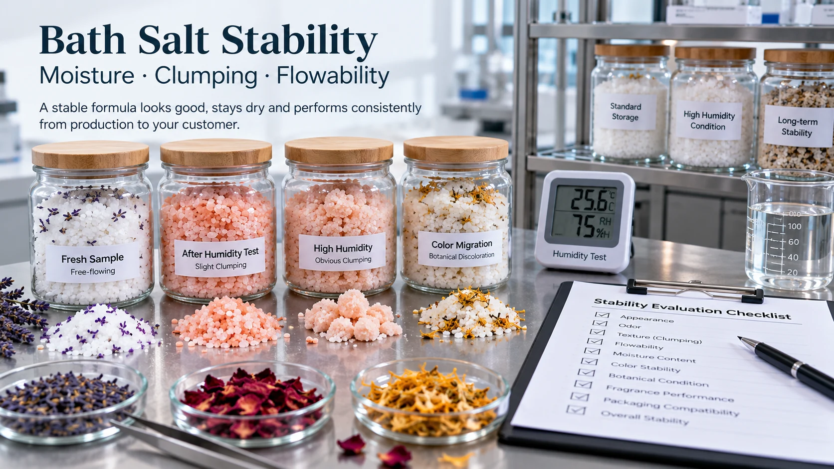 Bath salt moisture clumping flowability and formula stability testing for private label development Bath salt moisture clumping flowability and formula stability testing for private label development